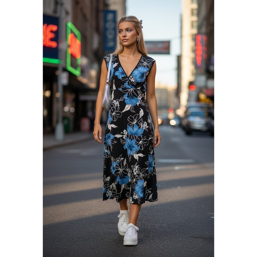 Byer Too! Midi Dress Medium Black Blue Floral V-Neck Sleeveless Y2K 90s Feminine